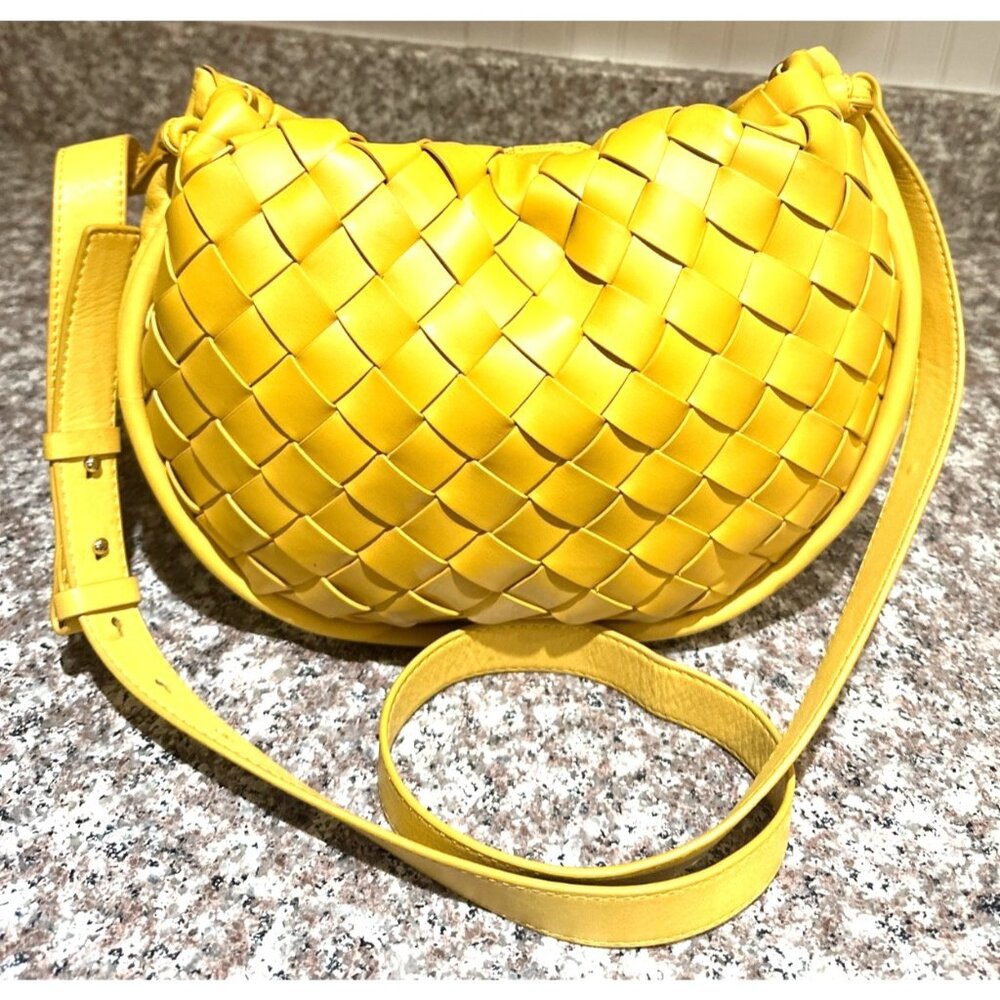 Vince Camuto Saffron Yellow Woven Leather Crossbody Bag With Adjustable Strap